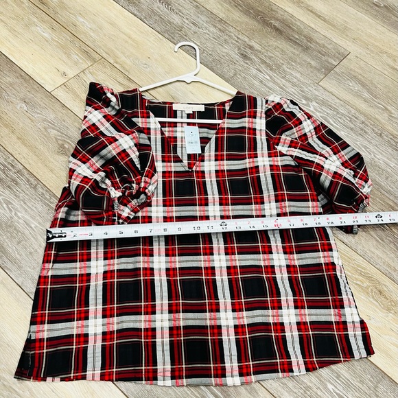 Loft medium red/black/white plaid top sheer/ elastic ruffle sleeves NWT Holiday - Picture 3 of 11